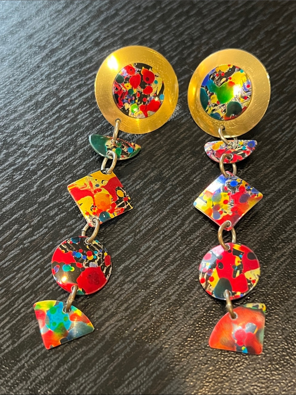 Vintage Abstract Art Niobium Linked Long Dangle Gold Tone Statement Earrings